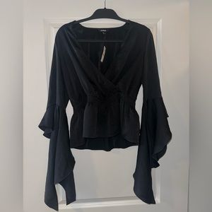 Express Cascading Sleeve Black V Neck Top